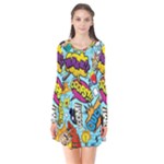 Graffiti Word Seamless Pattern Long Sleeve V-neck Flare Dress