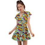 Vintage Art Tattoos Colorful Seamless Pattern Flutter Sleeve Wrap Dress