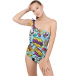 Graffiti Word Seamless Pattern Frilly One Shoulder Swimsuit