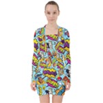 Comic Elements Colorful Seamless Pattern V-neck Bodycon Long Sleeve Dress