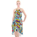 Comic Elements Colorful Seamless Pattern High-Low Halter Chiffon Dress 