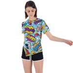 Comic Elements Colorful Seamless Pattern Asymmetrical Short Sleeve Sports T-Shirt