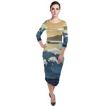 Sea Asia Waves Japanese Art The Great Wave Off Kanagawa Quarter Sleeve Midi Velour Bodycon Dress