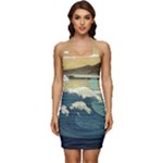 Sea Asia Waves Japanese Art The Great Wave Off Kanagawa Sleeveless Wide Square Neckline Ruched Bodycon Dress