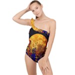 Skyline Frankfurt Abstract Moon Frilly One Shoulder Swimsuit