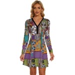 Pattern Design Art Techno  Dj Music Retro Music Device Long Sleeve Deep V Mini Dress 