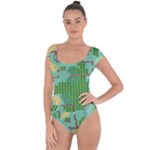 Green Retro Games Pattern Short Sleeve Leotard 