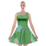 Green Retro Games Pattern Velvet Skater Dress