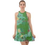 Green Retro Games Pattern Halter Tie Back Chiffon Dress