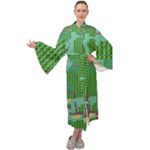 Green Retro Games Pattern Maxi Velvet Kimono
