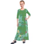 Green Retro Games Pattern Kids  Quarter Sleeve Maxi Dress