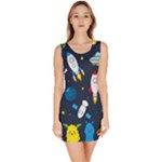 Big Set Cute Astronauts Space Planets Stars Aliens Rockets Ufo Constellations Satellite Moon Rover Bodycon Dress