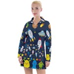 Big Set Cute Astronauts Space Planets Stars Aliens Rockets Ufo Constellations Satellite Moon Rover Women s Long Sleeve Casual Dress