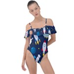 Big Set Cute Astronauts Space Planets Stars Aliens Rockets Ufo Constellations Satellite Moon Rover Frill Detail One Piece Swimsuit