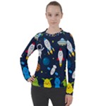 Big Set Cute Astronauts Space Planets Stars Aliens Rockets Ufo Constellations Satellite Moon Rover Women s Pique Long Sleeve T-Shirt