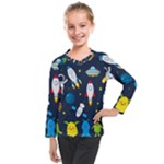 Big Set Cute Astronauts Space Planets Stars Aliens Rockets Ufo Constellations Satellite Moon Rover Kids  Long Mesh T-Shirt