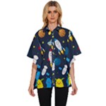 Big Set Cute Astronauts Space Planets Stars Aliens Rockets Ufo Constellations Satellite Moon Rover Women s Batwing Button Up Shirt