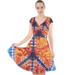 Tie Dye Peace Sign Cap Sleeve Front Wrap Midi Dress