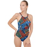 Gray Circuit Board Electronics Electronic Components Microprocessor High Neck One Piece Swimsuit