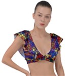 Hexagon Honeycomb Pattern Design Plunge Frill Sleeve Bikini Top