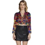 Flower Retro Funky Psychedelic Long Sleeve Tie Back Satin Wrap Top