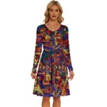 Flower Retro Funky Psychedelic Long Sleeve Dress With Pocket