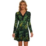 Banana leaves Long Sleeve Deep V Mini Dress 