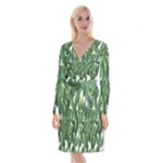 Green banana leaves Long Sleeve Velvet Front Wrap Dress