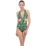 Green banana leaves Halter Front Plunge Swimsuit