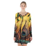 City Light Sky Landmark Painting Long Sleeve Velvet V-neck Dress