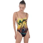 Oceans Stunning Painting Sunset Scenery Wave Paradise Beache Mountains Tie Strap One Piece Swimsuit