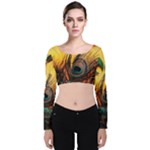 Sunset Illustration Water Night Sun Landscape Grass Clouds Painting Digital Art Drawing Velvet Long Sleeve Crop Top