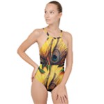 Landscape Bright Scenery Drawing Rivers Blue Lovely High Neck One Piece Swimsuit