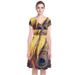 Peacock Feather Native Short Sleeve Front Wrap Dress