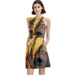 Peacock Feather Native Cocktail Party Halter Sleeveless Dress With Pockets