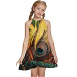 Peacock Feather Native Kids  Halter Collar Waist Tie Chiffon Dress