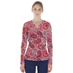 Paisley Red Ornament Texture V-Neck Long Sleeve Top