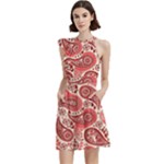 Paisley Red Ornament Texture Cocktail Party Halter Sleeveless Dress With Pockets