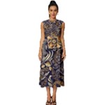 Paisley Texture, Floral Ornament Texture Sleeveless Round Neck Midi Dress