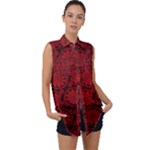 Red Floral Pattern Floral Greek Ornaments Sleeveless Chiffon Button Shirt