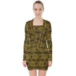 Yellow Floral Pattern Floral Greek Ornaments V-neck Bodycon Long Sleeve Dress