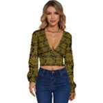 Yellow Floral Pattern Floral Greek Ornaments Long Sleeve Deep-V Velour Top