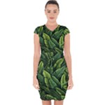 Green leaves Capsleeve Drawstring Dress 
