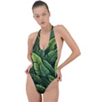 Green leaves Backless Halter One Piece Swimsuit
