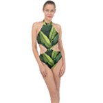 Banana leaves pattern Halter Side Cut Swimsuit