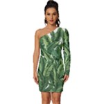 Tropical leaves Long Sleeve One Shoulder Mini Dress