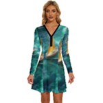 Mountain Wolf Tree Nature Moon Long Sleeve Deep V Mini Dress 