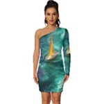 Dolphin Swimming Sea Ocean Long Sleeve One Shoulder Mini Dress