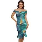 Dolphins Sea Ocean Water Off Shoulder Ruffle Split Hem Bodycon Dress