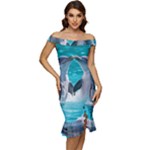 Dolphins Sea Ocean Off Shoulder Ruffle Split Hem Bodycon Dress